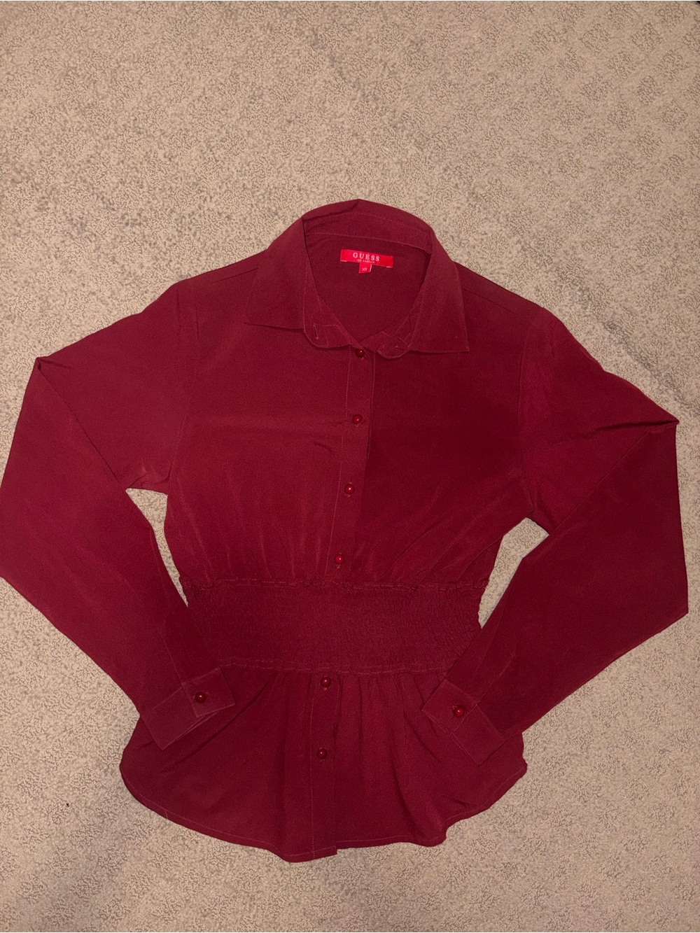 GUESS Burgundy Smocked-Waist Button-Up Shirt, Women’s Size XS. Like NEW.